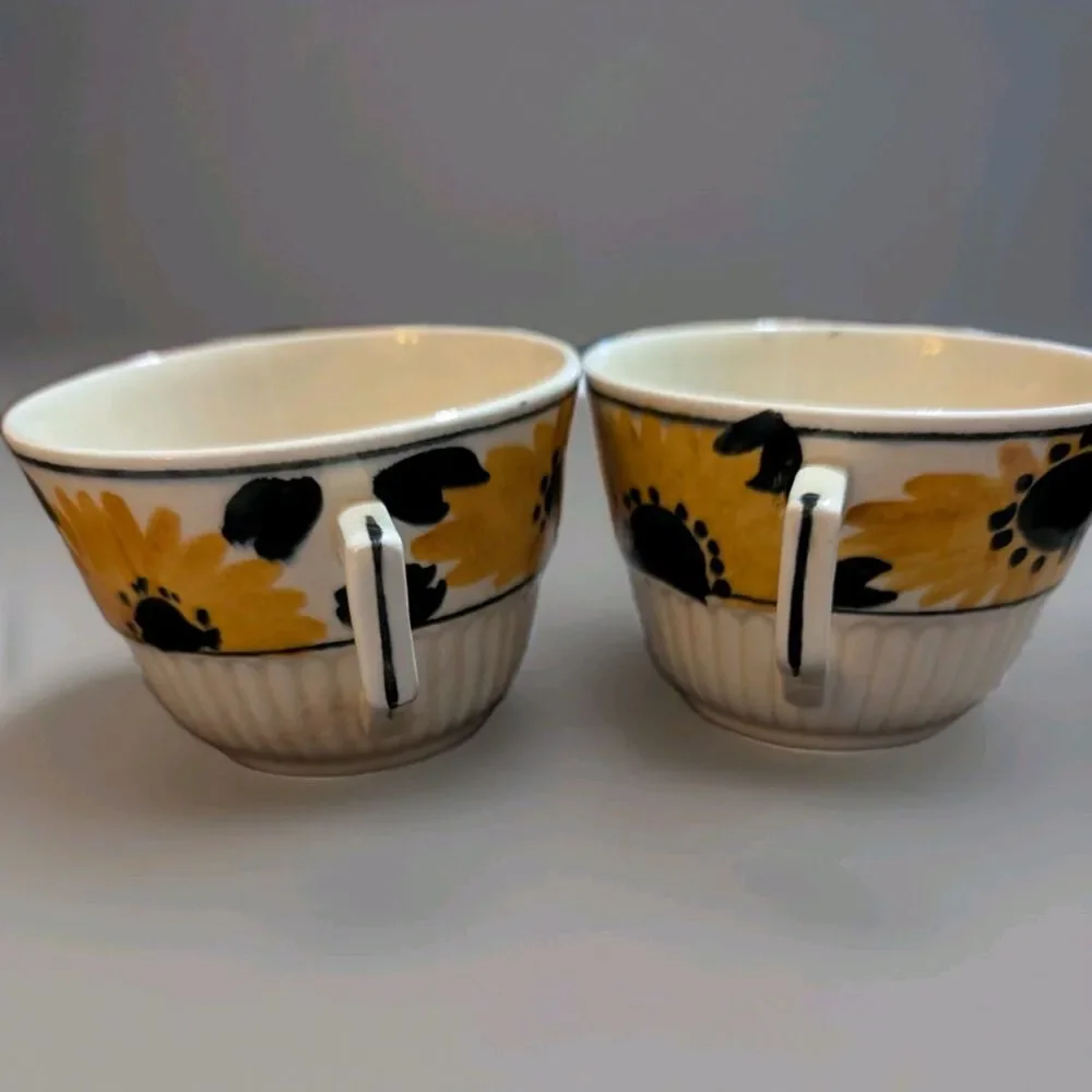 Set of 2 Vintage Hand-Painted Sunflower Ceramic Teacups - Made in England